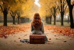 testa Rossa ragazza con valigia nel il autunno parco. ai generato foto