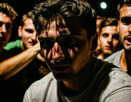 foto gruppo di rabbia arrabbiato adolescenziale Università ragazzo combattente il altro con ferita su viso, generativo ai