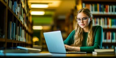 un' giovane femmina alunno seduta comodamente nel un' scuola biblioteca. ai generato foto