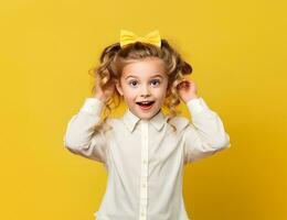 divertente bambino scolara giallo sfondo. ai generato foto