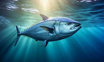 rosso tonno pesce nuoto nel chiaro oceano acqua. ai generato foto
