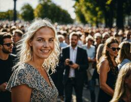 foto di bellissimo donna a parata strada nel Europa nazione, generativo ai