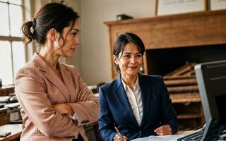 foto di Lavorando imprenditore donna a fabbrica con macchina e lavoratore, generativo ai