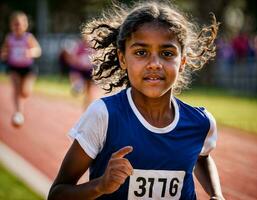 foto di ragazza bambini in esecuzione gara sport a scuola, generativo ai