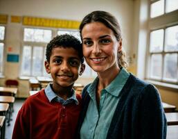 foto di contento insegnante e bambini a scuola camera, generativo ai