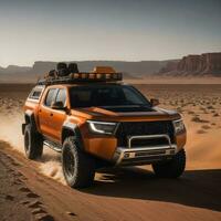 foto di camion nel caldo sabbia deserto, generativo ai