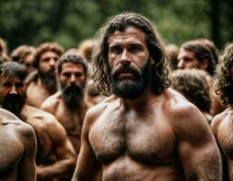 foto di gruppo di forte uomo delle caverne banda, generativo ai