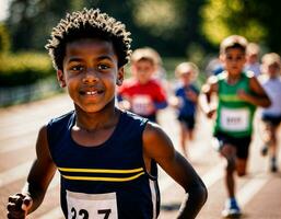 foto di ragazzo bambini in esecuzione gara sport a scuola, generativo ai