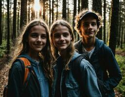 foto gruppo di adolescenziale come un' zaino in spalla nel il buio Di legno, generativo ai