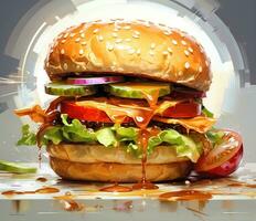 il Perfetto Hamburger con formaggio, Bacon, sottaceti, pomodoro, cipolle e lattuga. creato con generativo ai foto