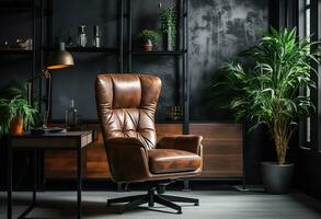 moderno posto di lavoro con confortevole sedia nel elegante casa ufficio interno. creato con generativo ai foto