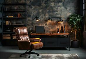 moderno posto di lavoro con confortevole sedia nel elegante casa ufficio interno. creato con generativo ai foto