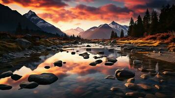 bellissimo paesaggio con alto fiume e rosso luce del sole nel Alba. creato con generativo ai foto