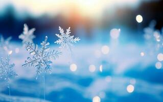 sfocato bokeh sfondo con Natale i fiocchi di neve nel blu colore. allegro Natale e contento nuovo anno testo sfondo. ai generato foto