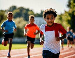 foto di ragazzo bambini in esecuzione gara sport a scuola, generativo ai