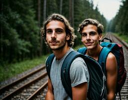 foto gruppo di adolescenziale come un' zaino in spalla nel il buio Di legno, generativo ai