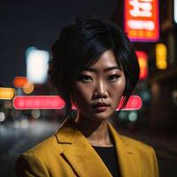 foto di asiatico donna a strada notte con luce, generativo ai