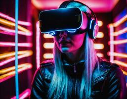 foto di bellissimo donna con vr bicchieri cuffia giocando video gioco, generativo ai