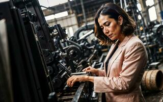 foto di Lavorando imprenditore donna a fabbrica con macchina e lavoratore, generativo ai