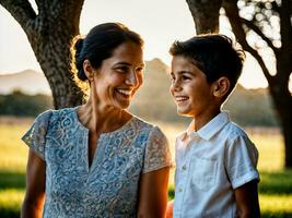 foto di contento famiglia madre e figlio, generativo ai