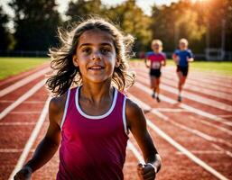 foto di ragazza bambini in esecuzione gara sport a scuola, generativo ai