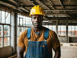 foto di africano nero uomo come un' costruzione lavoratore con casco, generativo ai