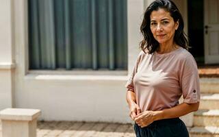 foto di mezzo anziano vecchio donna a Casa vicino mare spiaggia, generativo ai