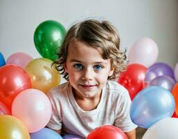 foto servizio fotografico di ragazzo con palloncini su bianca sfondo, generativo ai