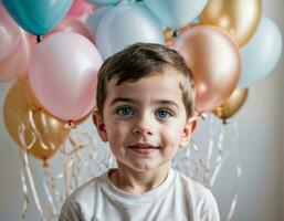 foto servizio fotografico di ragazzo con palloncini su bianca sfondo, generativo ai