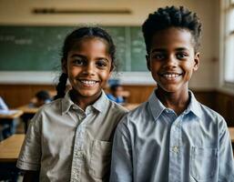 foto di contento insegnante e bambini a scuola camera, generativo ai