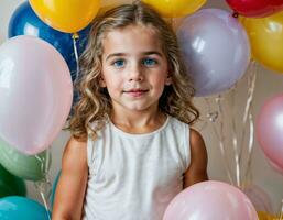 foto servizio fotografico di ragazzo con palloncini su bianca sfondo, generativo ai