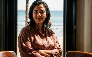 foto di mezzo anziano vecchio donna a Casa vicino mare spiaggia, generativo ai