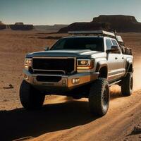 foto di camion nel caldo sabbia deserto, generativo ai