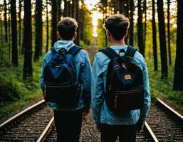 foto gruppo di adolescenziale come un' zaino in spalla nel il buio Di legno, generativo ai