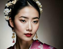 foto vicino su di bellissimo europeo geisha donna nel nero sfondo, generativo ai