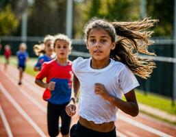 foto di ragazza bambini in esecuzione gara sport a scuola, generativo ai