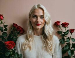 foto di bellissimo donna nel bionda capelli colore con rosso rosa sfondo, generativo ai