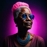 foto di mezzo anziano vecchio africano donna con con misto rosa e blu neon luce, generativo ai