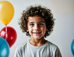 foto servizio fotografico di ragazzo con palloncini su bianca sfondo, generativo ai