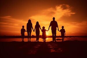 silhouette di un' contento famiglia con bambini su natura generativo ai foto