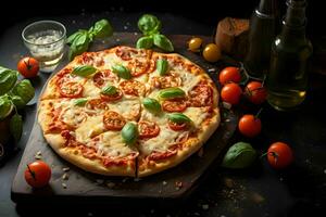 fatti in casa italiano formaggio Pizza con pomodoro e Mozzarella su di legno tavola ai generativo foto