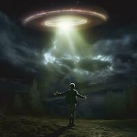 un' uomo sembra a un' ufo nel il cielo. il uomo teso su il suo mani e sembra a il volante alieno nave. foto