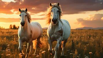 il cavallo è in movimento su il prato, generativo ai foto