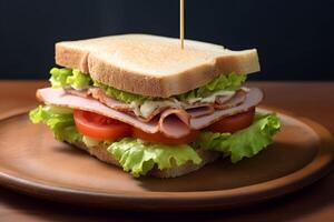 avvicinamento Sandwich bologna salsa con pomodoro fetta, lattuga , pane, affettato carne ai generativo Immagine foto