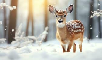 un' cervo è in piedi nel il neve . ai generato foto