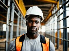 foto di africano nero uomo come un' costruzione lavoratore con casco, generativo ai