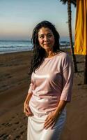 foto di mezzo anziano vecchio donna a Casa vicino mare spiaggia, generativo ai