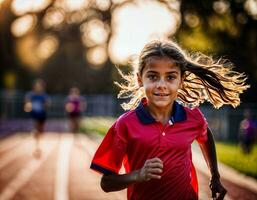 foto di ragazza bambini in esecuzione gara sport a scuola, generativo ai