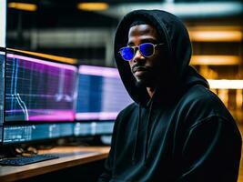foto di nero uomo nel nero felpa con cappuccio nel server dati centro camera con neon luce, generativo ai