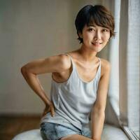 foto di bellissimo giapponese asiatico donna con corto capelli, generativo ai